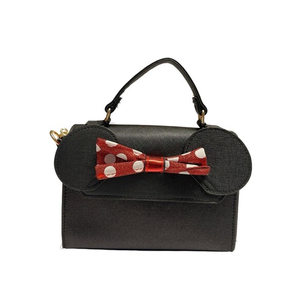 Disney Minnie Mouse Sparkling Bow Black Crossbody Bag Handle W/ Gold Tone Chain - Picture 2 of 9